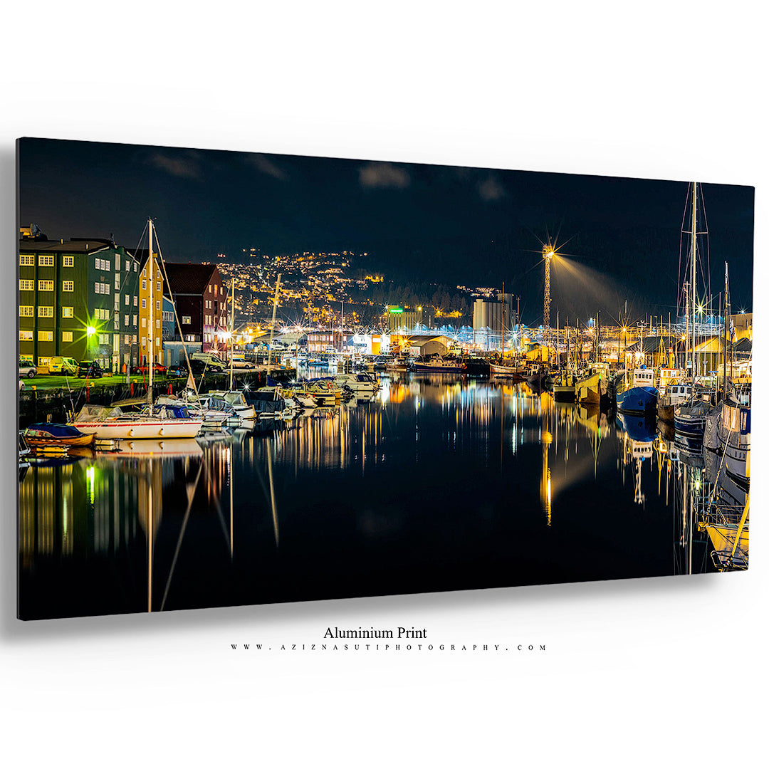 The beautiful night Panorama over Trondheim's Canal