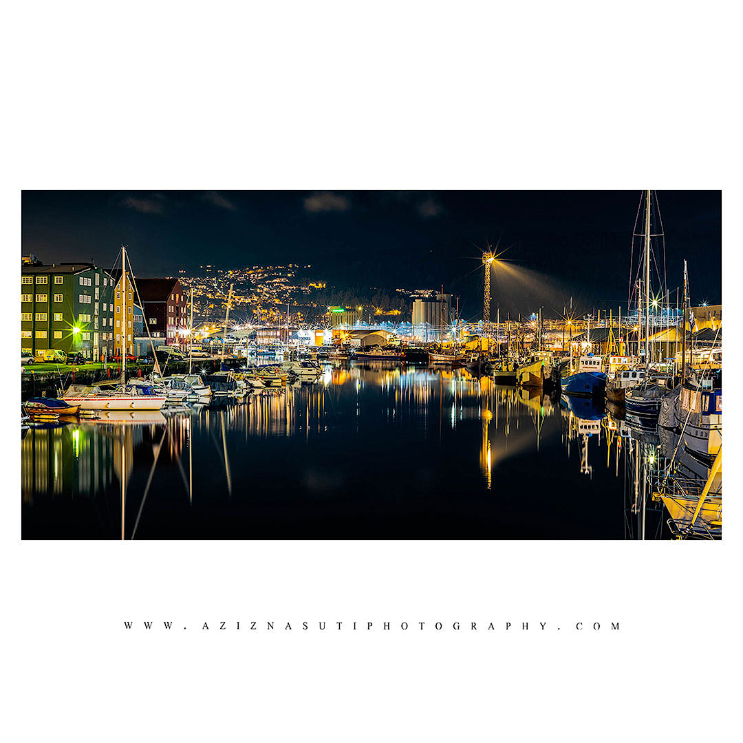 The beautiful night Panorama over Trondheim's Canal