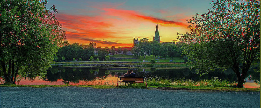 Romantic Midnight Sunset Over Nidelva, Nidarosdomen Trondheim(Coffee Mug) - AZIZ NASUTI ART GALLERY