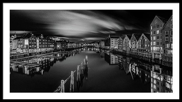 Trondheim Night From Bakke Bru in Black and white - AZIZ NASUTI ART GALLERY