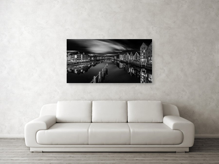 Trondheim Night From Bakke Bru in Black and white - AZIZ NASUTI ART GALLERY