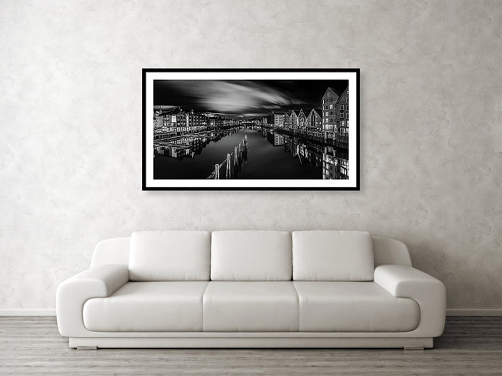 Trondheim Night From Bakke Bru in Black and white - AZIZ NASUTI ART GALLERY