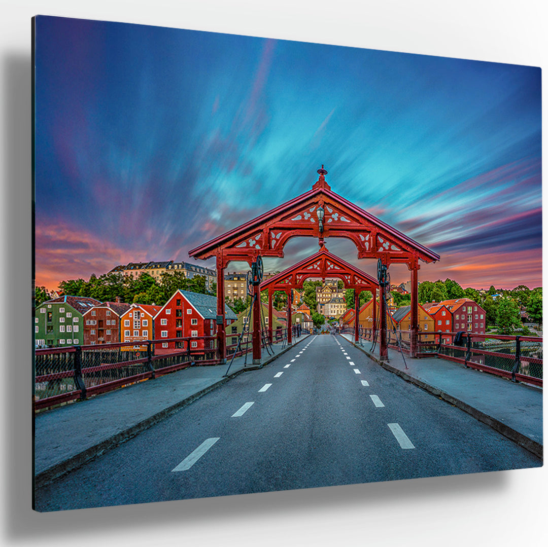 Wall art collection featuring stunning landscapes, Trondheim cityscapes, and other iconic cities, displayed on premium materials like aluminum, canvas, and glass in a modern living room setting.