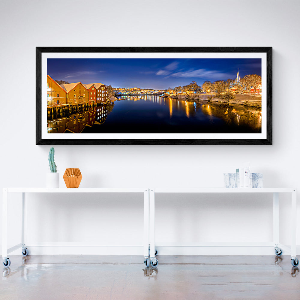 Trondheim winter night view canvas - Gamle Bybro towards NTNU, 160x60 limited edition.