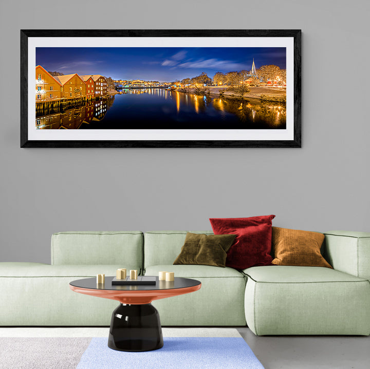 Trondheim winter night view canvas - Gamle Bybro towards NTNU, 160x60 limited edition.