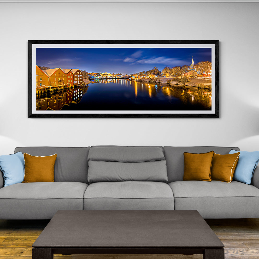 Trondheim winter night view canvas - Gamle Bybro towards NTNU, 160x60 limited edition.