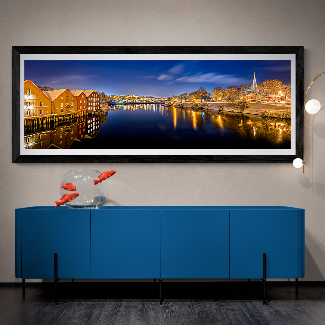 Trondheim winter night view canvas - Gamle Bybro towards NTNU, 160x60 limited edition.