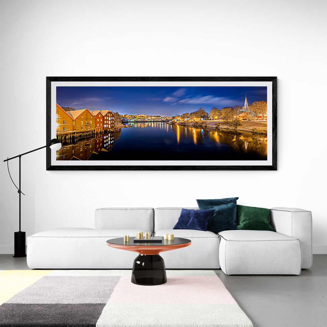 Trondheim winter night view canvas - Gamle Bybro towards NTNU, 160x60 limited edition.