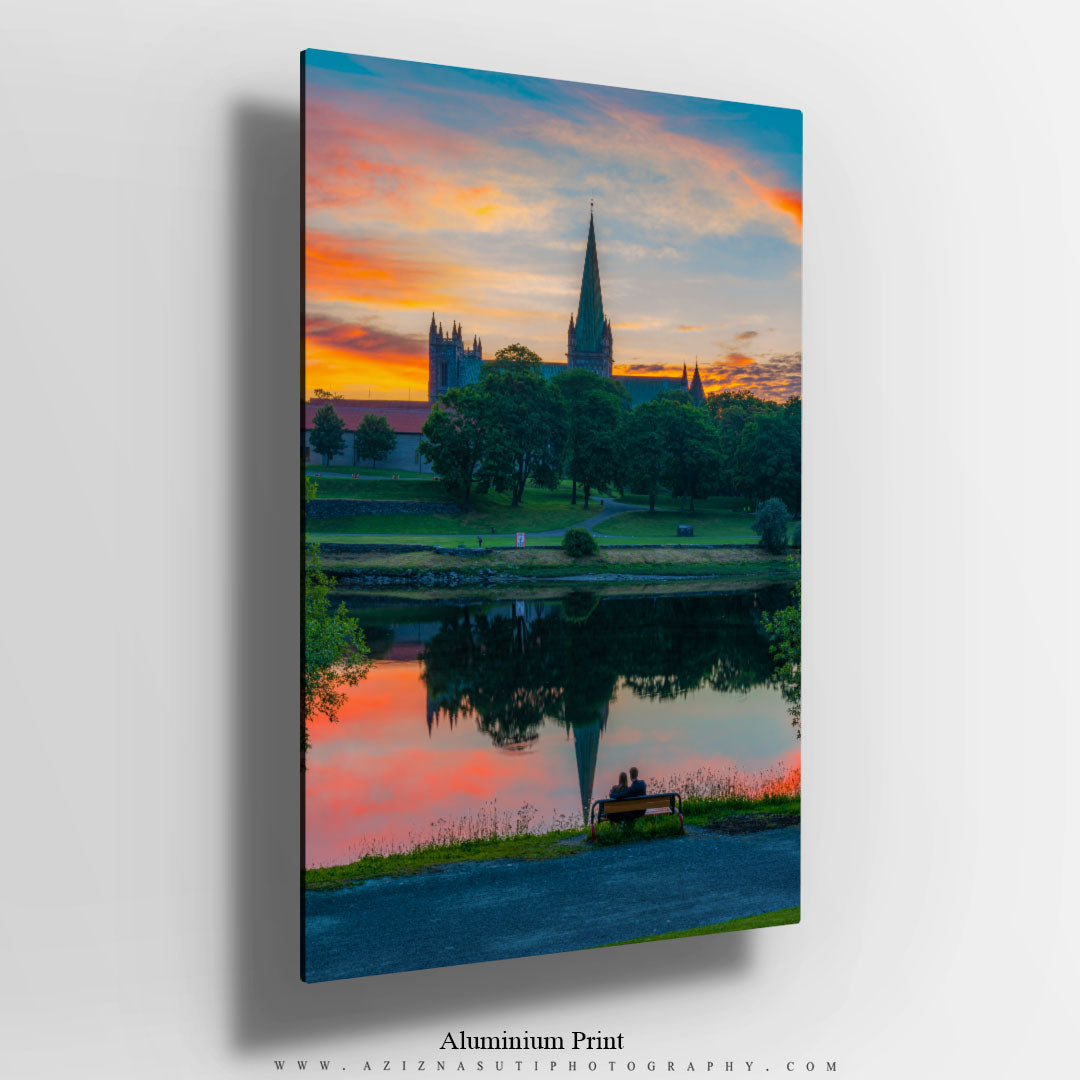 A romantic moment in a beautiful sunset over Nidarosdomen