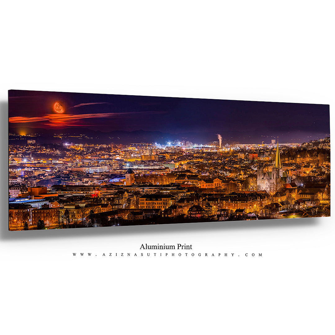 Panorama over Trondheim med måneoppgang