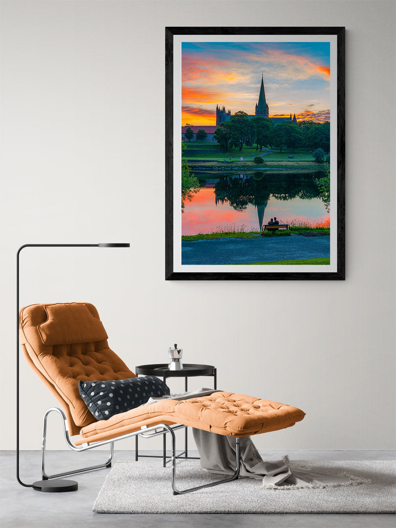 A romantic moment in a beautiful sunset over Nidarosdomen