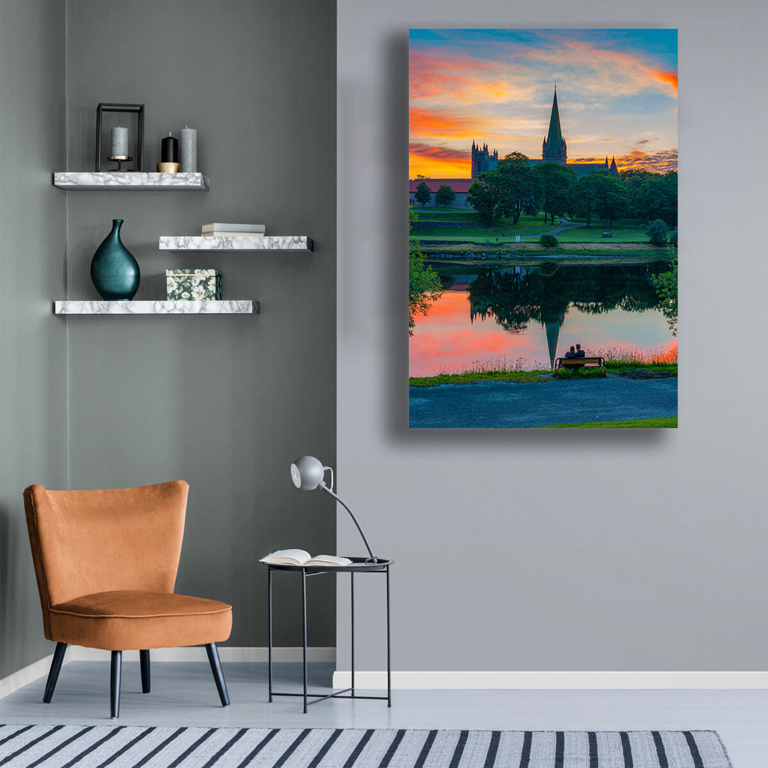 A romantic moment in a beautiful sunset over Nidarosdomen