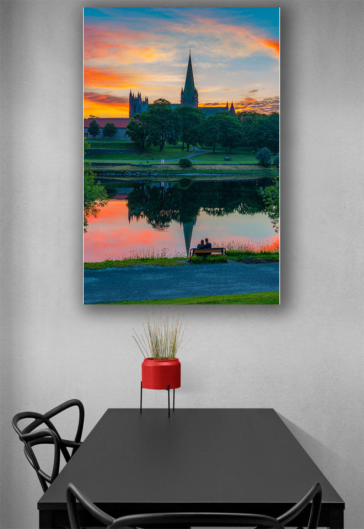 A romantic moment in a beautiful sunset over Nidarosdomen