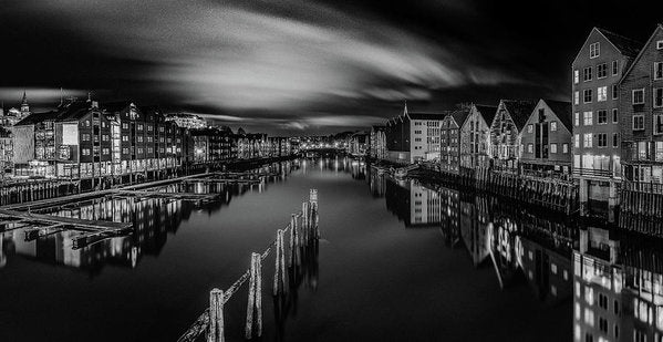 Trondheim Night From Bakke Bru in Black and white - AZIZ NASUTI ART GALLERY