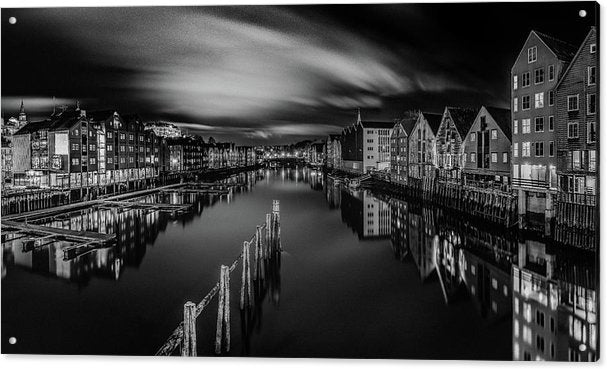 Trondheim Night From Bakke Bru in Black and white - AZIZ NASUTI ART GALLERY